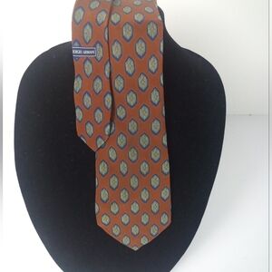 Giorgio Armani Silk Tie Rust Brown Taupe Blue Geometric Patterned